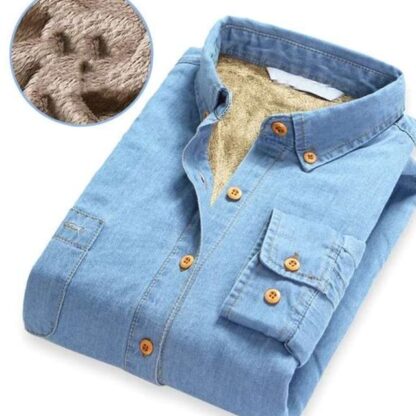 Casual Winter Warm Plush Fleece Thickening Jeans Denim Men Shirt