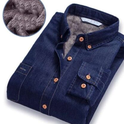 Casual Winter Warm Plush Fleece Thickening Jeans Denim Men Shirt