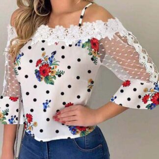 Elegant Party Cotton Floral Mesh Women Shirt Blouse Top