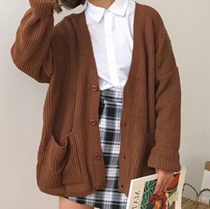 Autumn Winter Cotton V-Neck Pockets Women Sweater Cardigan