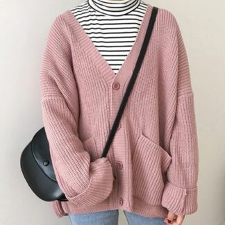 Autumn Winter Cotton V-Neck Pockets Women Sweater Cardigan