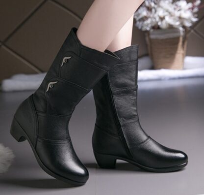 Black Waterproof Warm Winter Leather Plush Women Boots