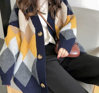Fashion Single Breasted Autumn Winter Cotton Wool Plaid Women Sweater
