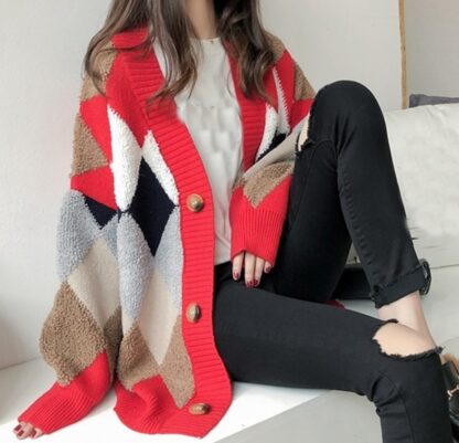 Fashion Single Breasted Autumn Winter Cotton Wool Plaid Women Sweater