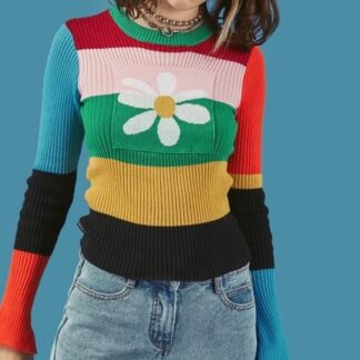 Striped Floral Multicolor Women Sweater