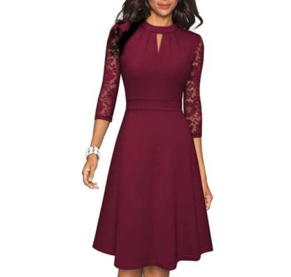 Spring Knee-Length Hollow Out Lace Retro Business Women Dresses