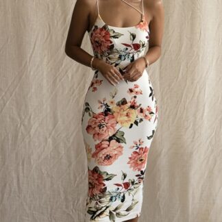 Summer Backless Bodycon Floral Midi Dress for Women