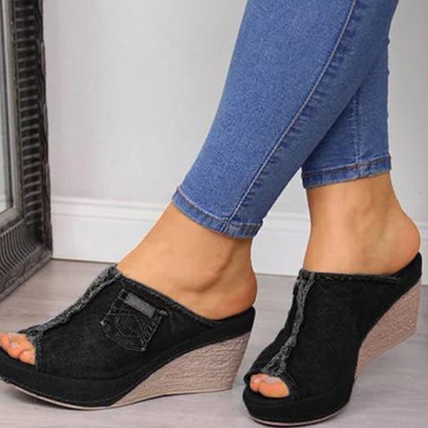 Summer Leisure Wedge Slip-on Denim Womens Sandals | cheapsalemarket.com