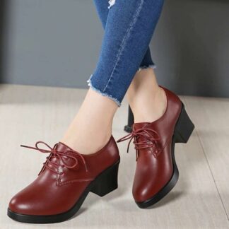Elegant Lace-Up Genuine Leather Square Heel Office Women Pumps Shoes