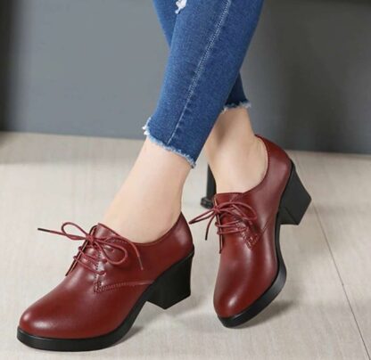 Elegant Lace-Up Genuine Leather Square Heel Office Women Pumps Shoes