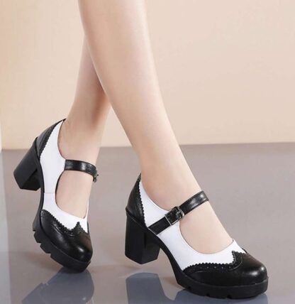 Elegant Retro Genuine Leather Square Heel Mary Janes Womens Pumps Shoes