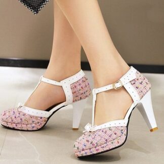 Round Toe Bow High Heel Party T-strap Womens Pumps Shoes