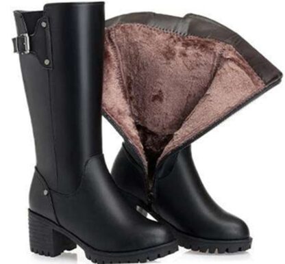 Elegant Genuine Leather Winter Warm Black Plush Wool Women Boots
