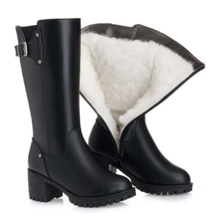 Elegant Genuine Leather Winter Warm Black Plush Wool Women Boots