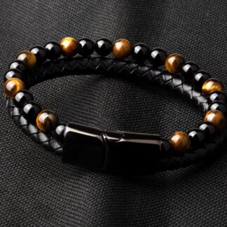 Genuine Leather Black Braided Mens Bracelets