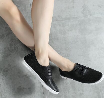 Genuine Leather Breathable Summer Black White Women Loafers Shoes