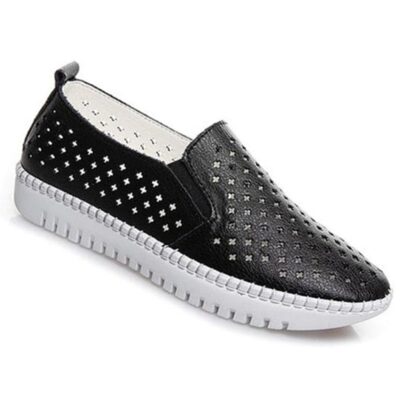 Genuine Leather Breathable Summer Black White Women Loafers Shoes
