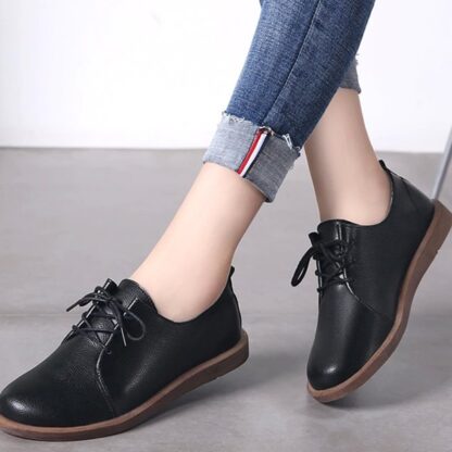 Office Flat Lace-up Genuine Leather Womens Loafers Shoes