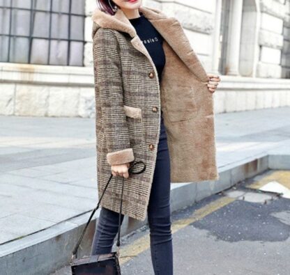 Warm Winter Hooded Plaid Woolen Long Women Coat