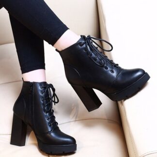 Autumn Winter Square High Heel Lace Up Platform Women Ankle Boots