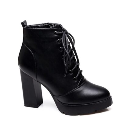 Autumn Winter Square High Heel Lace Up Platform Women Ankle Boots