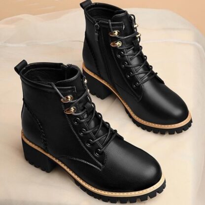 Black Autumn Winter Square Heel Lace-Up Womens Boots