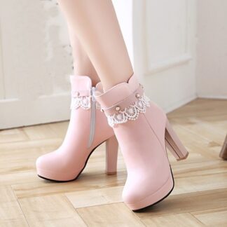 Party Cute Square Heel Lace Womens Boots Shoes
