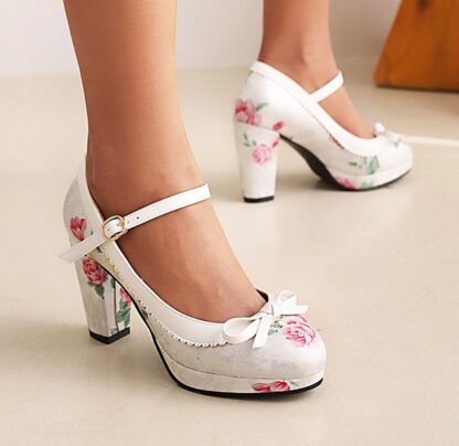 Floral High Heels Party Cute Round Toe Women Bow Pumps Shoes