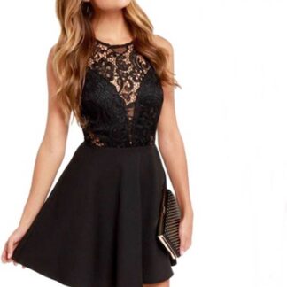 Hollow Out Mesh Black Sexy Lace Womens Dress